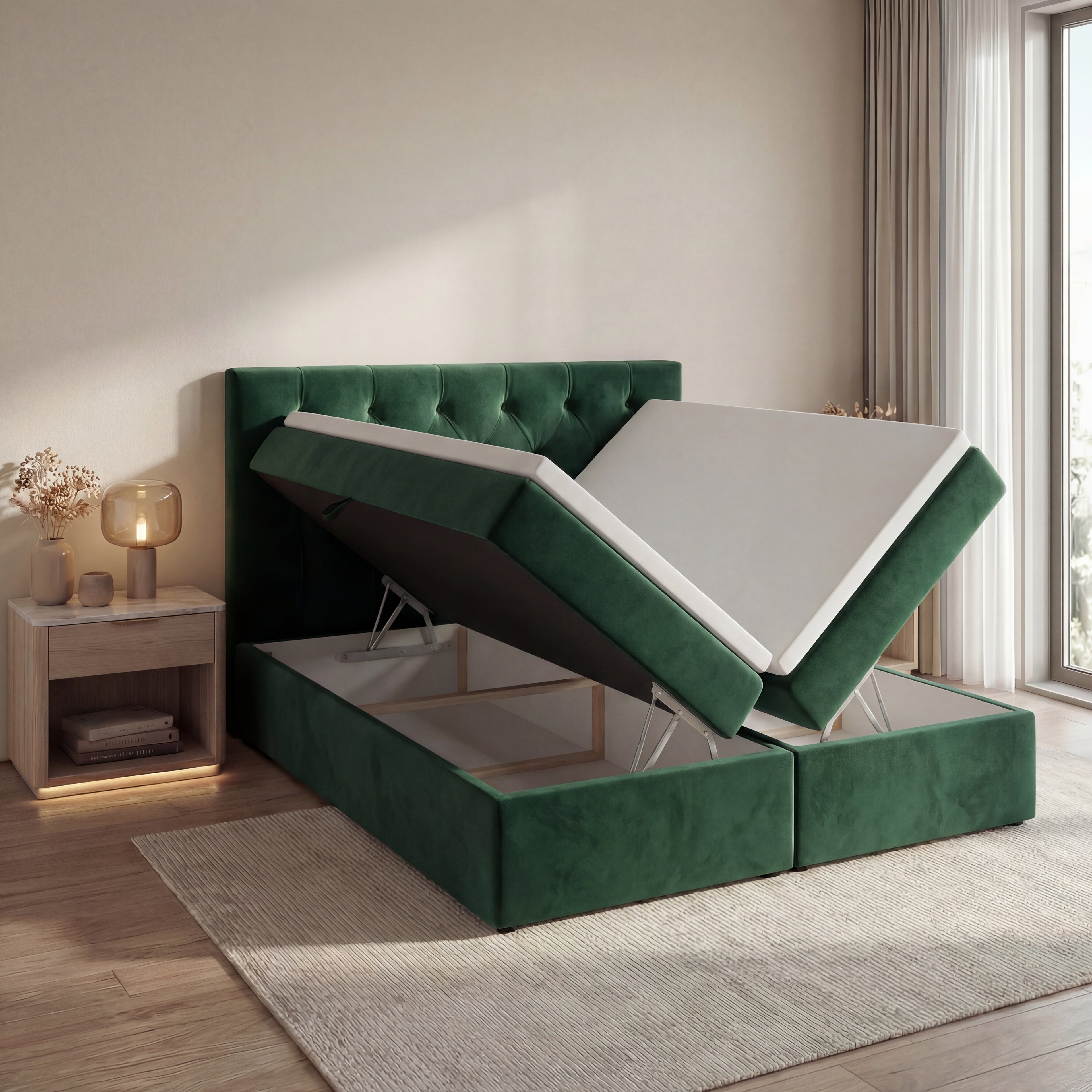 Łóżko kontynentalne TALI BIS 120x200 zielone Velutti – z pojemnikiem i materacem bonell