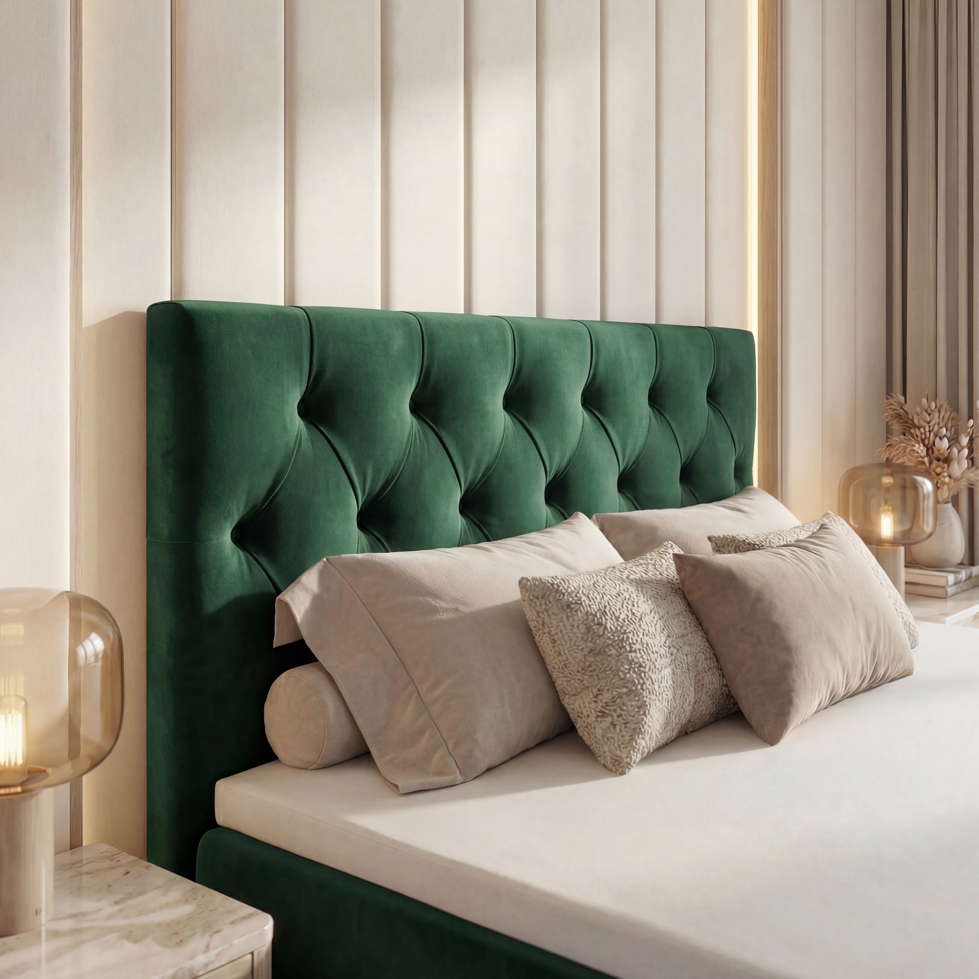 Łóżko kontynentalne Tali Bis 180x200 Velutti zielone – pikowany zagłówek, materace bonellowe, pojemniki na pościel