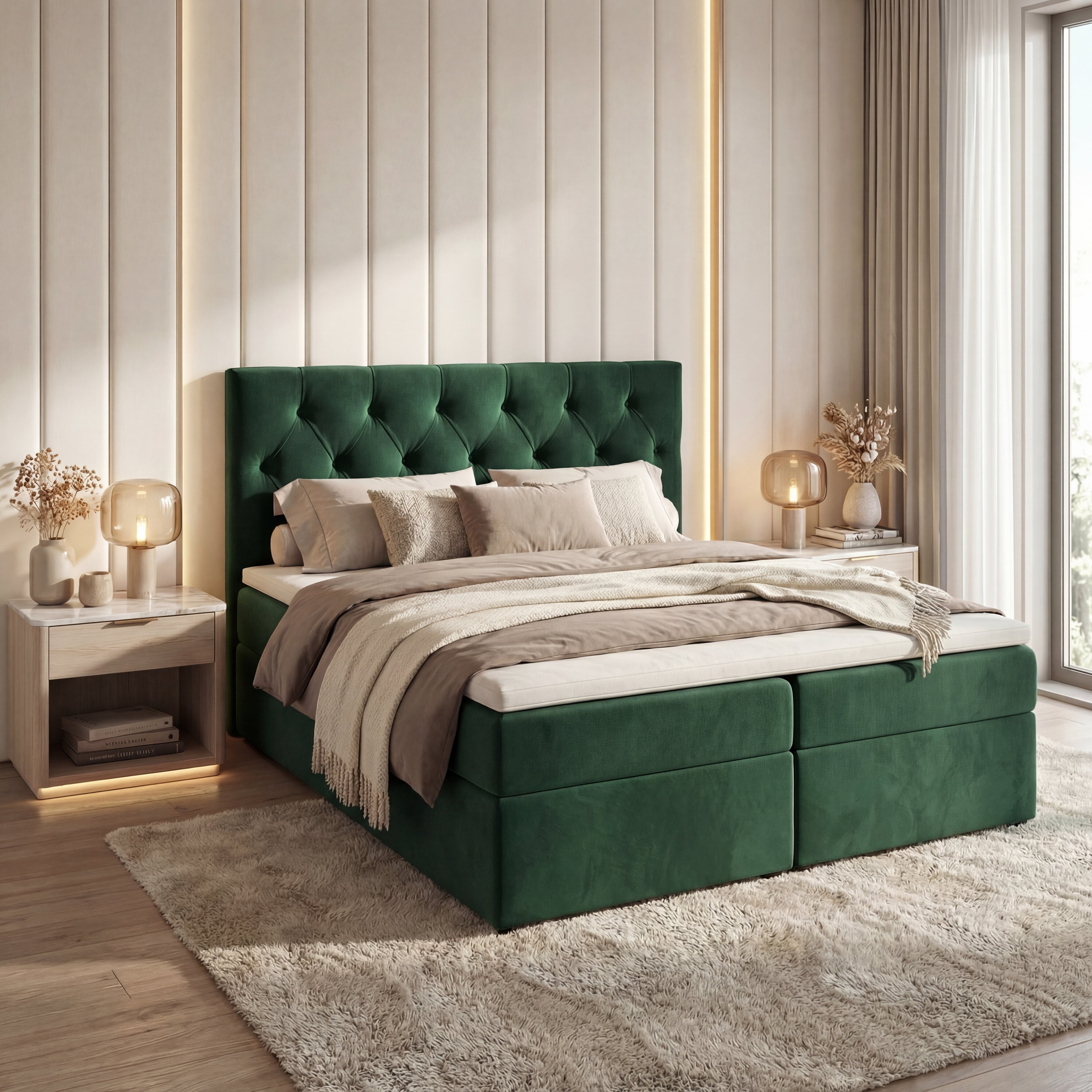 Łóżko kontynentalne Tali Bis 180x200 Velutti zielone – pikowany zagłówek, materace bonellowe, pojemniki na pościel