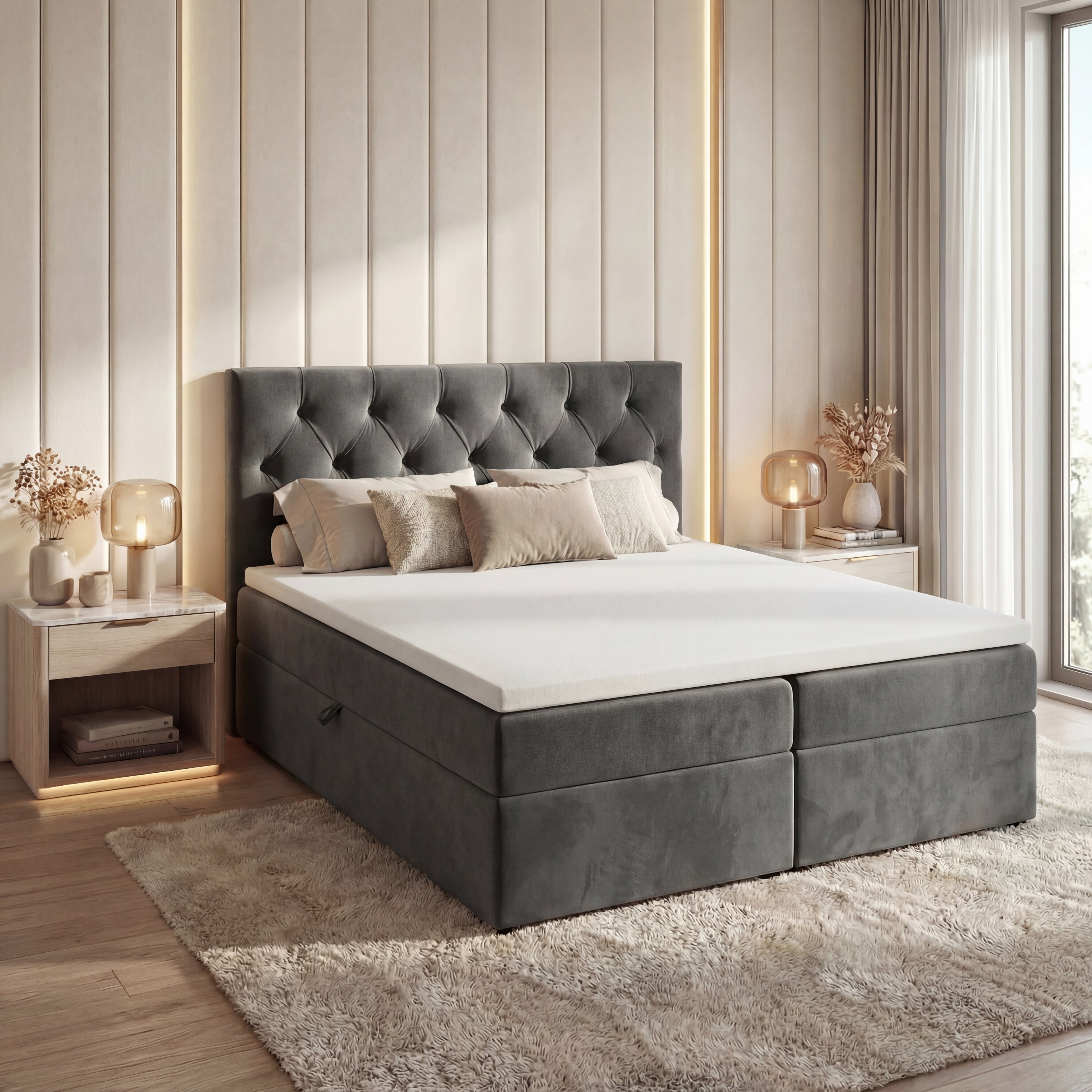 Łóżko kontynentalne Tali Bis 180x200 Velutti zielone – pikowany zagłówek, materace bonellowe, pojemniki na pościel