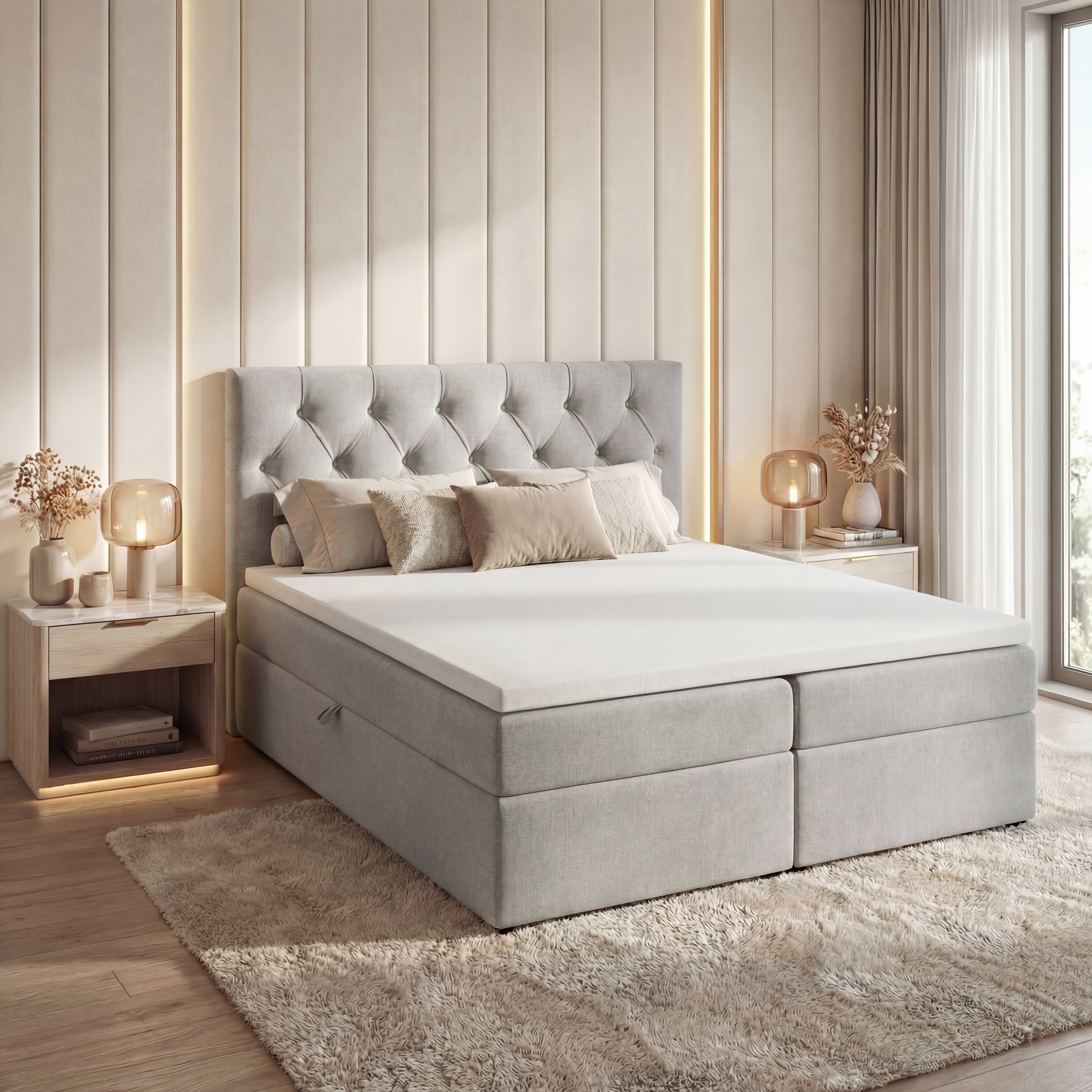 Łóżko kontynentalne Tali Bis 160x200 Velutti zielone – pikowany zagłówek, materace bonellowe, pojemniki na pościel