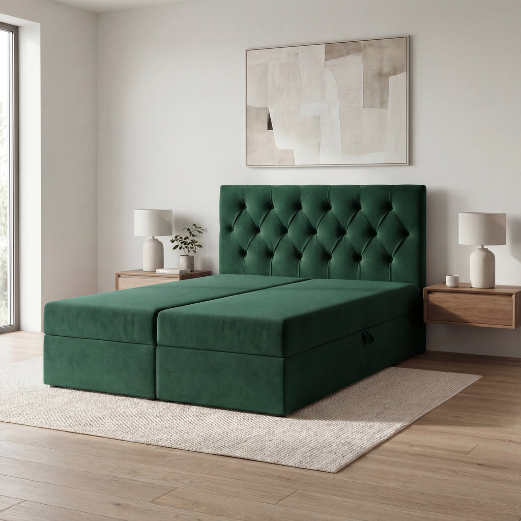 Łóżko kontynentalne TALI BIS 140x200 zielone Velutti – z pojemnikiem i materacem bonell