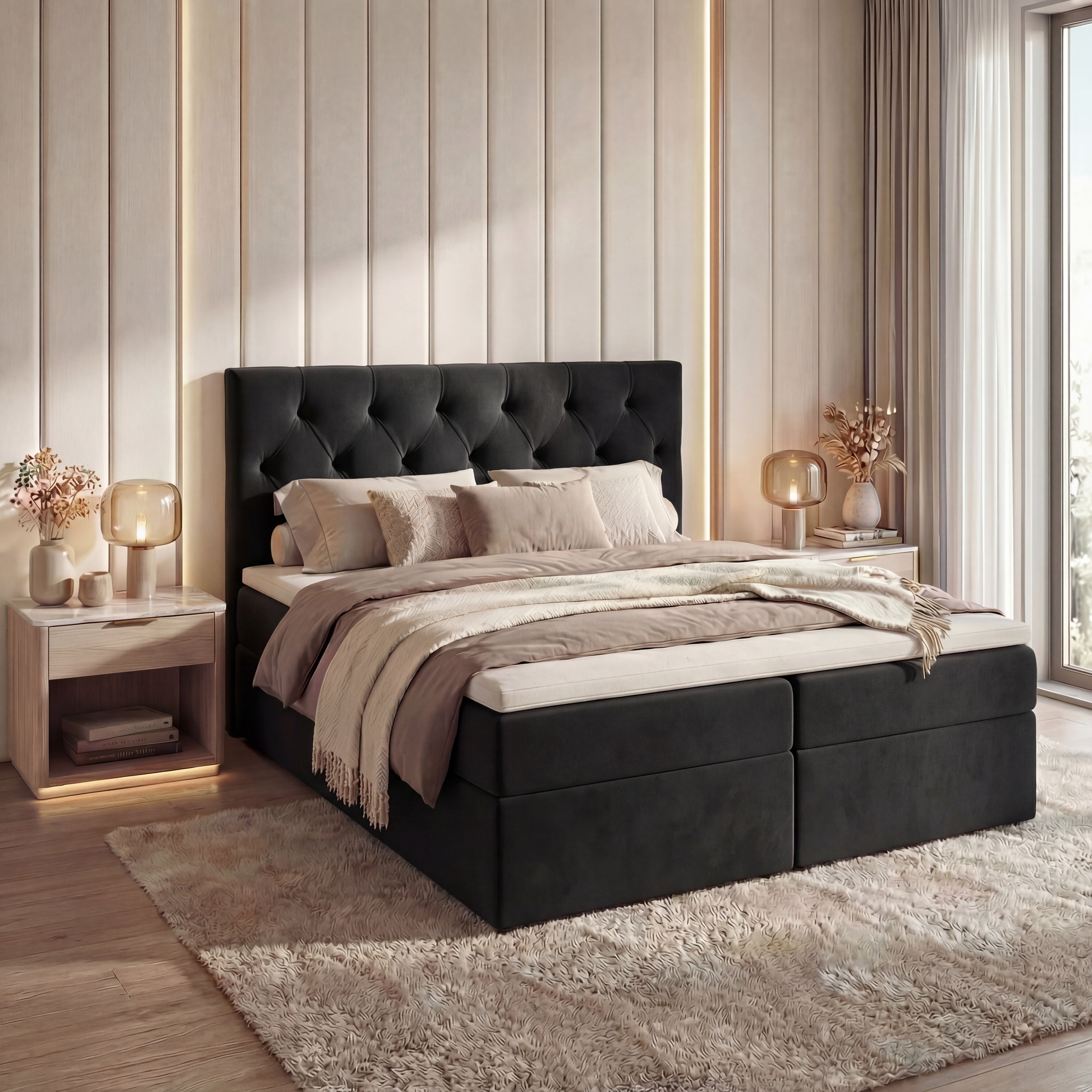 Łóżko kontynentalne Tali Bis 200x200 Velutti zielone – materace bonellowe, pikowany zagłówek, pojemniki na pościel