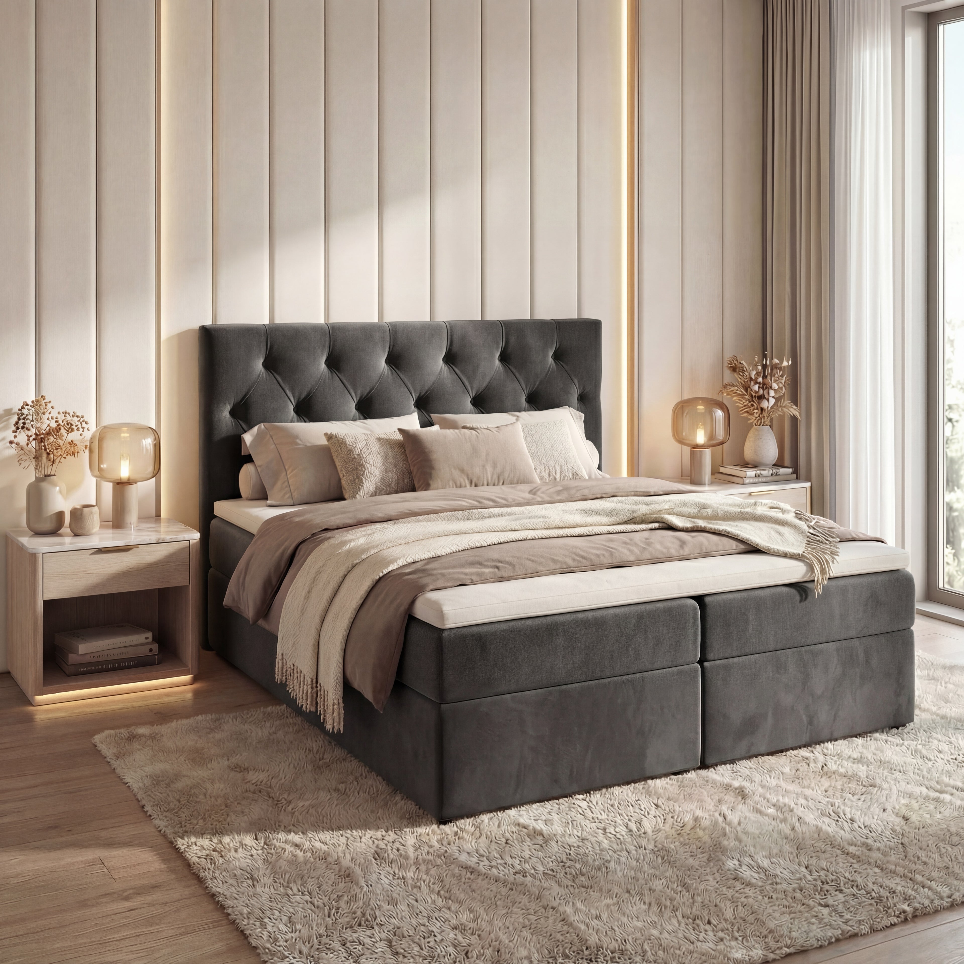 Łóżko kontynentalne Tali Bis 200x200 Velutti zielone – materace bonellowe, pikowany zagłówek, pojemniki na pościel