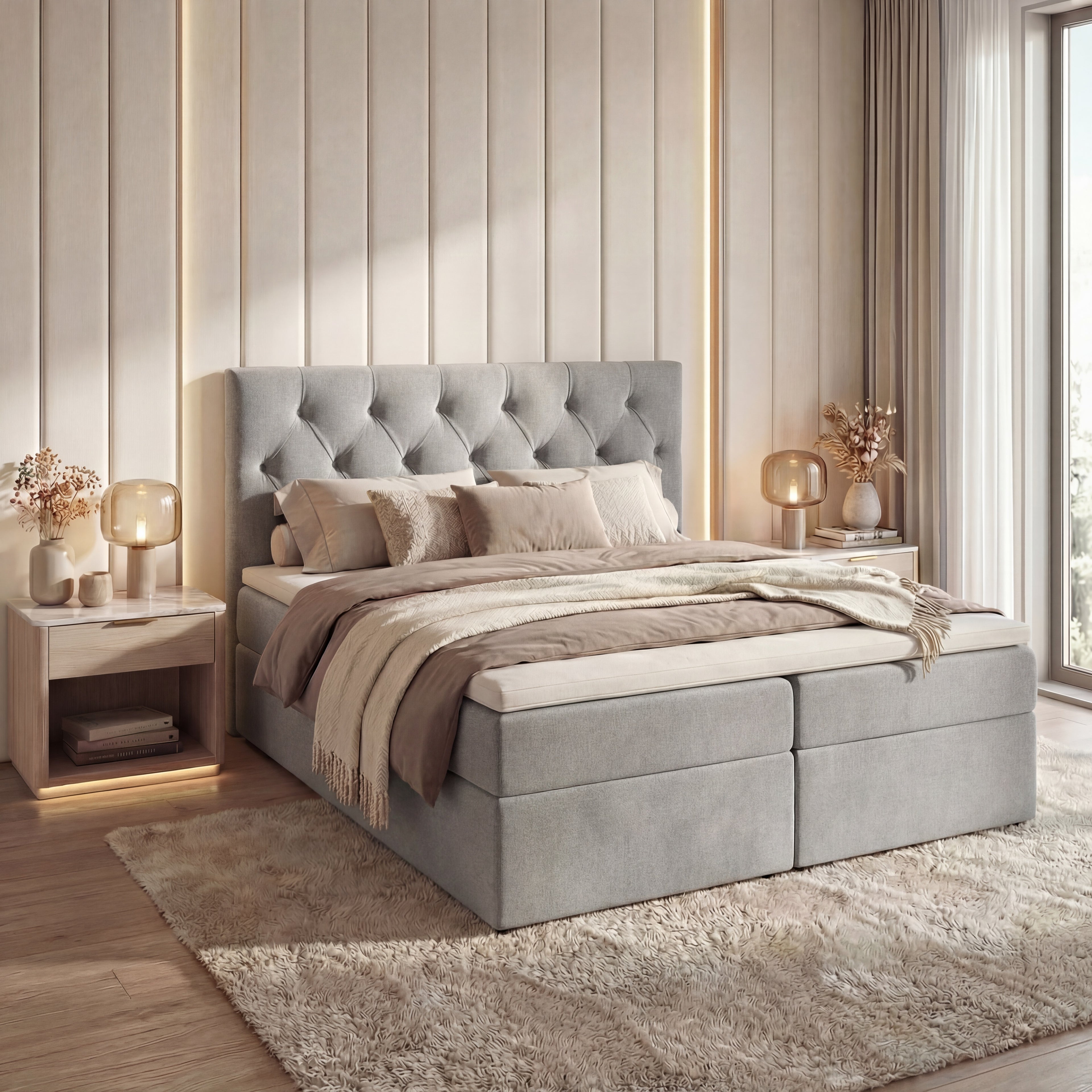 Łóżko kontynentalne Tali Bis 200x200 Velutti zielone – materace bonellowe, pikowany zagłówek, pojemniki na pościel