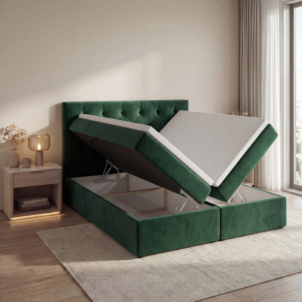 Łóżko kontynentalne Tali Bis 200x200 Velutti zielone – materace bonellowe, pikowany zagłówek, pojemniki na pościel