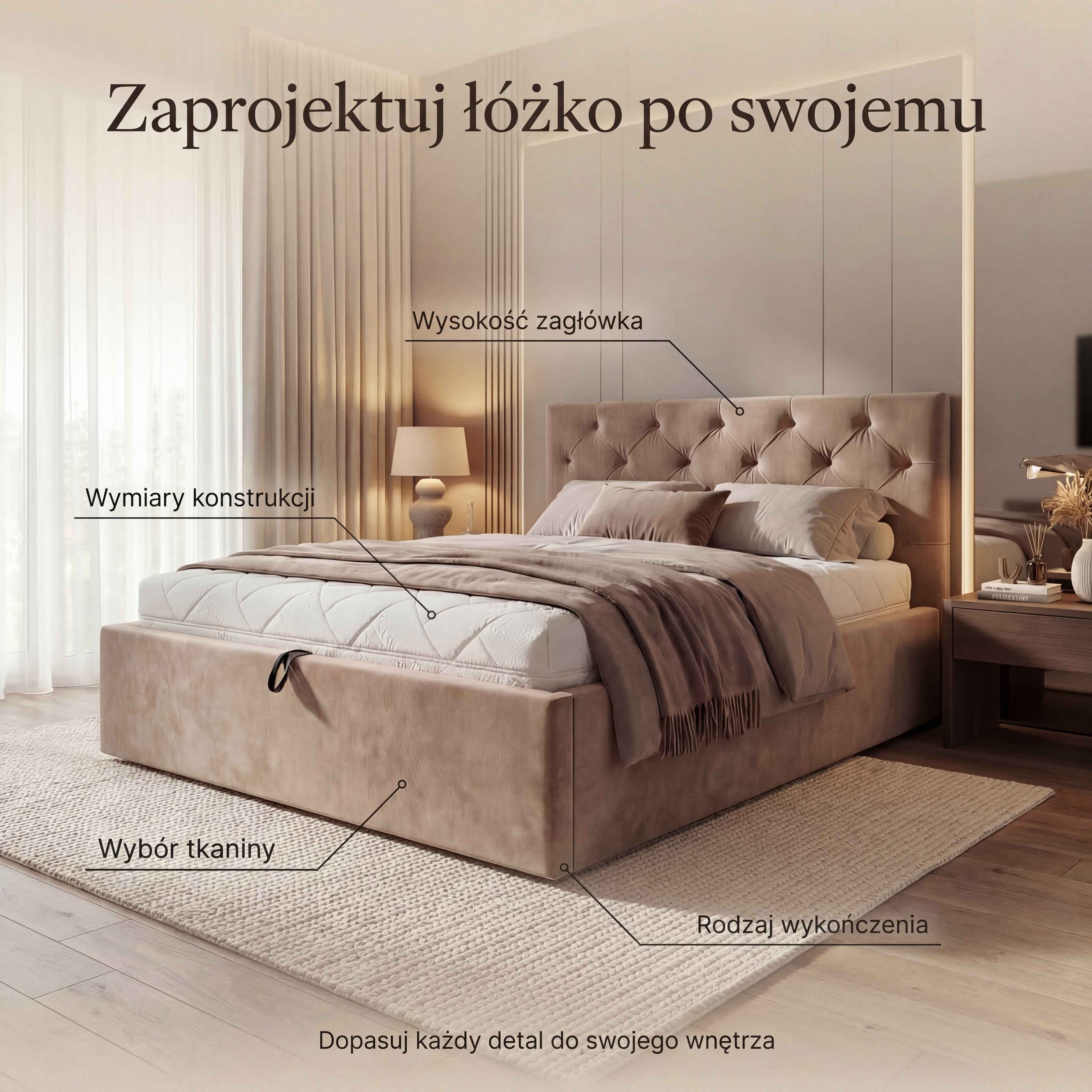 Łóżko tapicerowane LORA z pojemnikiem i stelażem metalowym