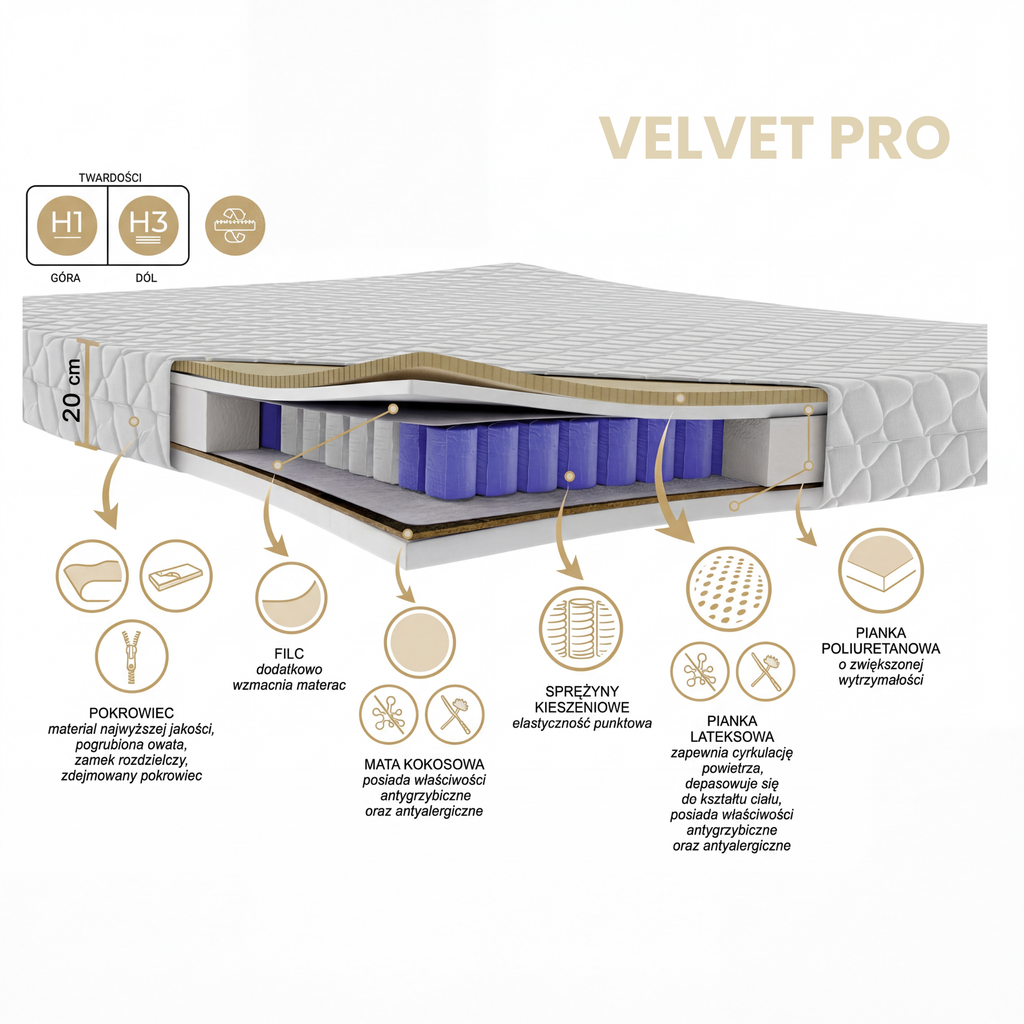 Materac VELVET PRO kieszeniowy Multipocket z lateksem i kokosem H1/H3, 20cm.